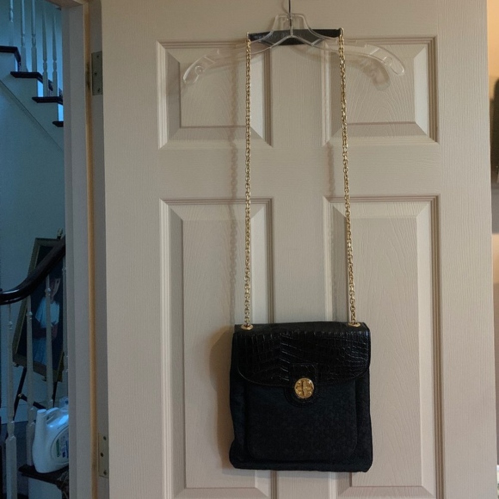 DKNY Black Croc Embossed Leather/Fabric Crossbody Handbag